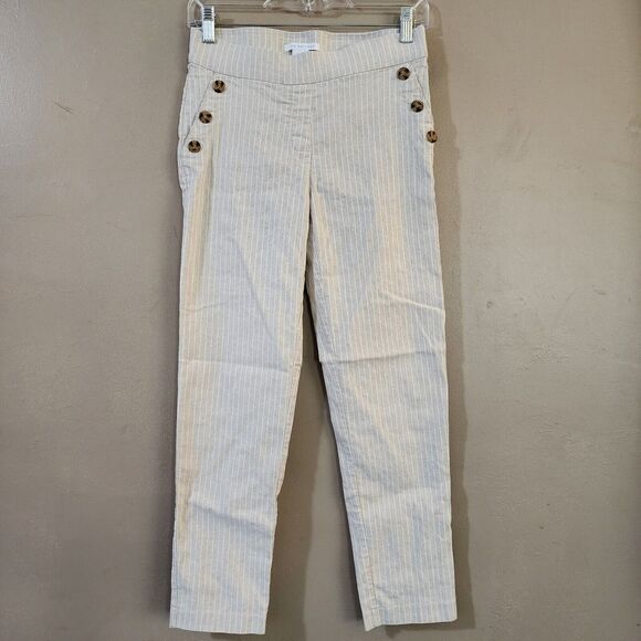 Linda Matthews Womens Pull On Pants Size S Beige Striped Sailor Buttons Stretch - Picture 1 of 9